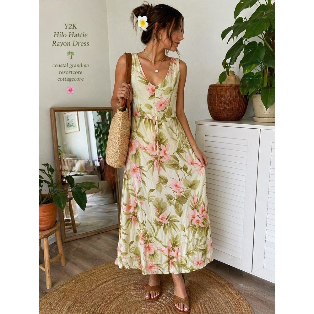 Hilo Hattie Hawaiian Original Floral Midi Dress Pink Hibiscus Tropical Large Y2K - Picture 2 of 9